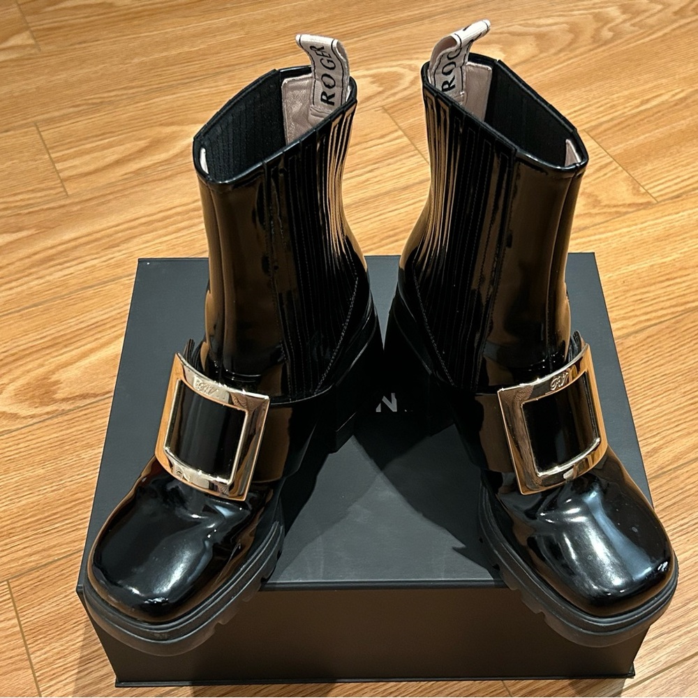 Roger Vivier Black Patent Leather Boots with Gold Buckle Detail